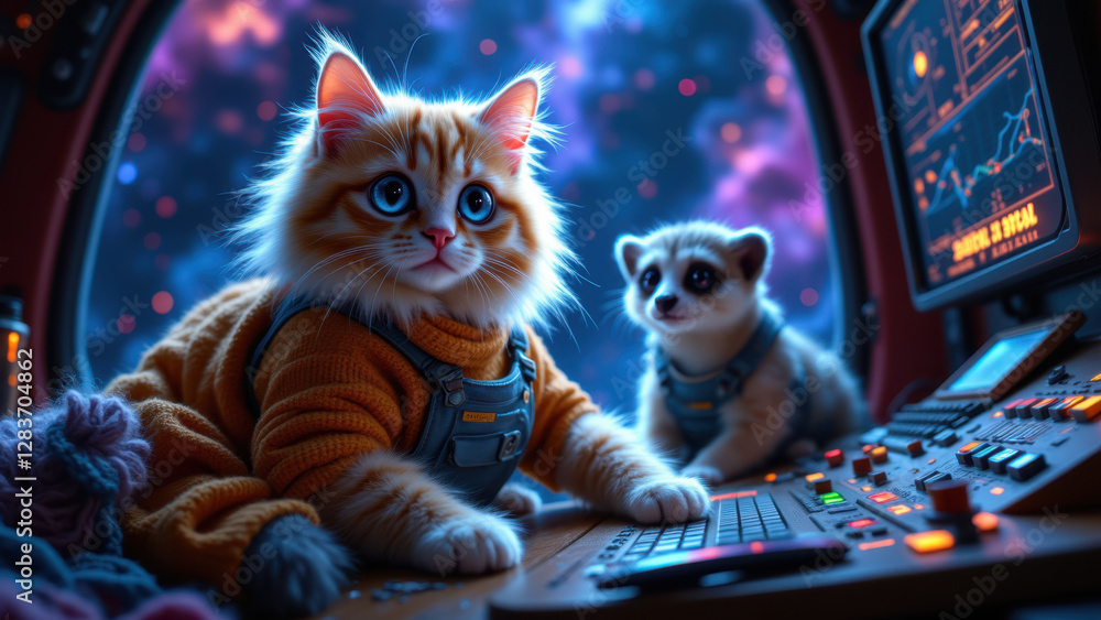 Poster an anthropomorphic cat wearing a spacesuit looking out a spaceship window.