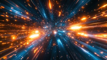 Naklejka premium Cosmic speed burst, orange and blue light streaks, dark space background, abstract digital art
