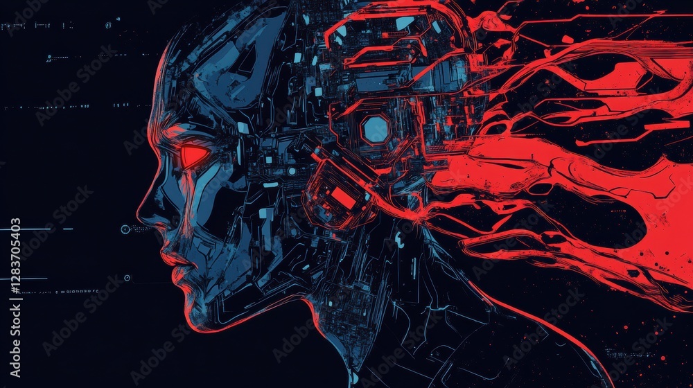 Poster human head outline merging with mechanical elements showcasing advanced ai features and cybernetic t