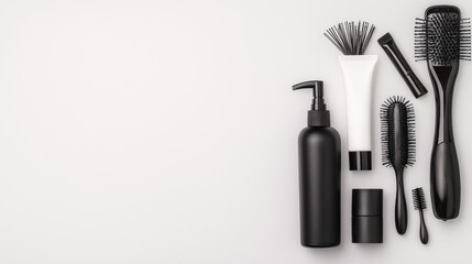 Obraz premium Black and white hair care products and styling brushes arranged on a clean grey background with copy space.