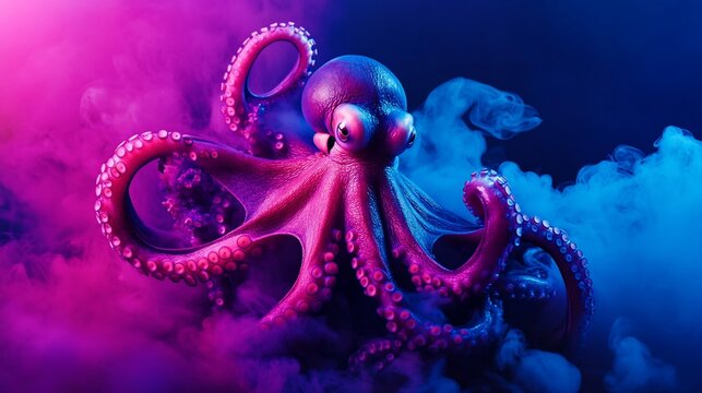 Pink octopus in vibrant neon pink and blue smoke.