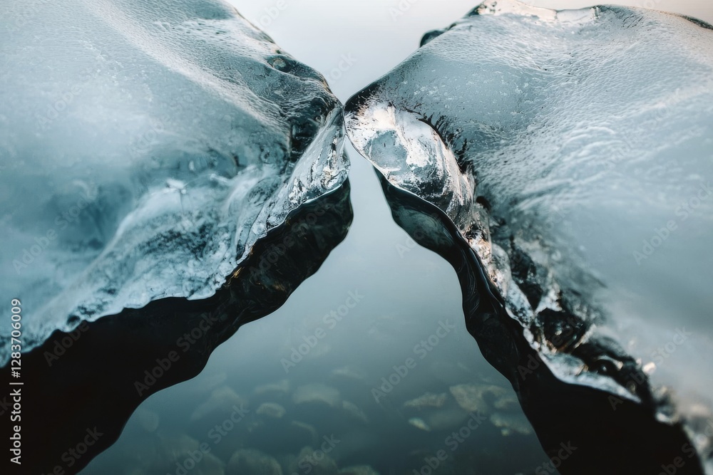 Aufkleber the background is an abstract representation of ice, featuring a blue hue with cracks visible on its