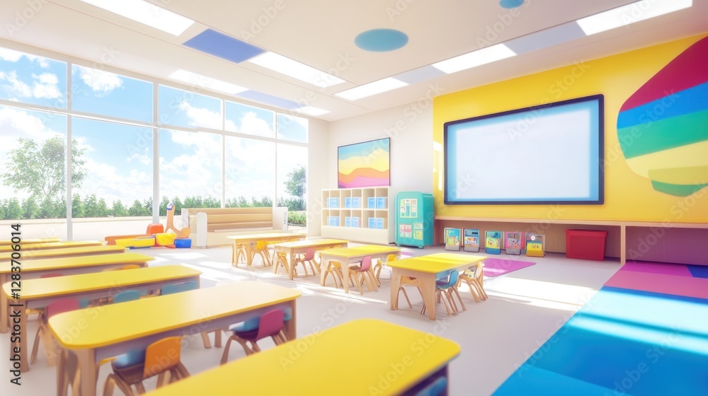 Poster bright and colorful classroom designed for learning and creativity.