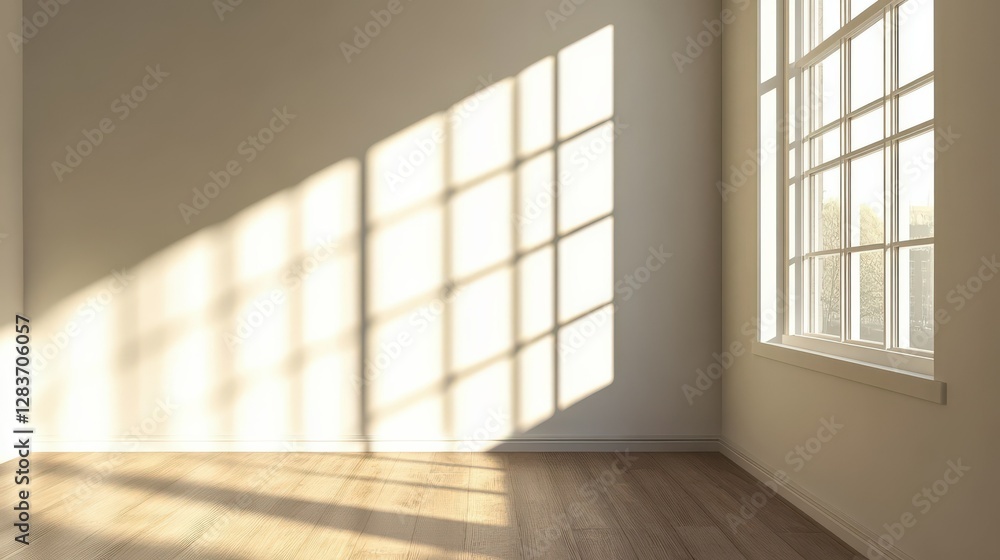 Poster sunlit empty room with wooden floor and large windows creating shadows