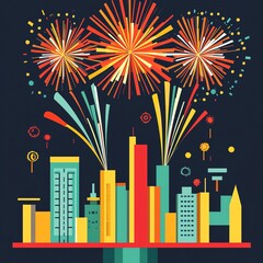 A vibrant city skyline illuminated by colorful fireworks at night, showcasing urban beauty and celebration.