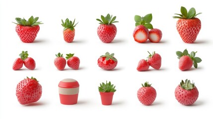Fresh and Vibrant Strawberries with Green Foliage on White Background