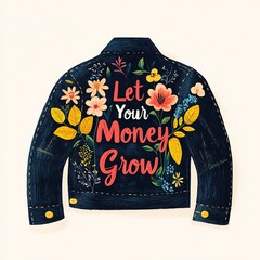A vibrant denim jacket adorned with colorful floral designs and a motivational slogan about financial growth.