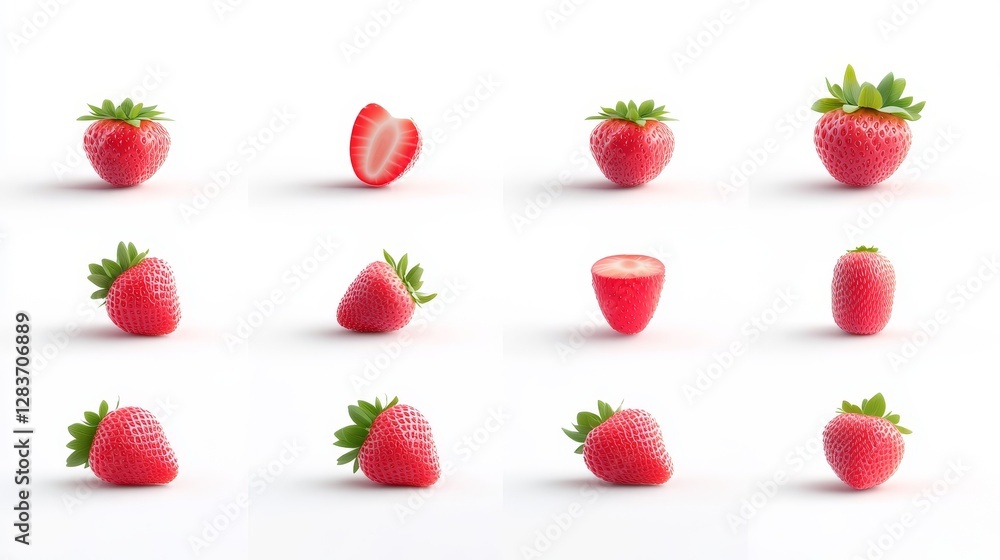 Poster fresh strawberries displayed in various cuts and angles on white background