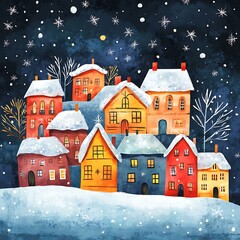 Snow Houses Watercolor Painting on Dark Background