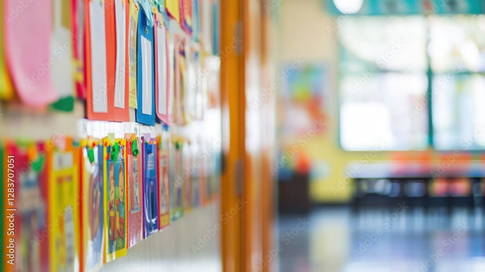 Poster a colorful school hallway with artwork and projects displayed on the walls.