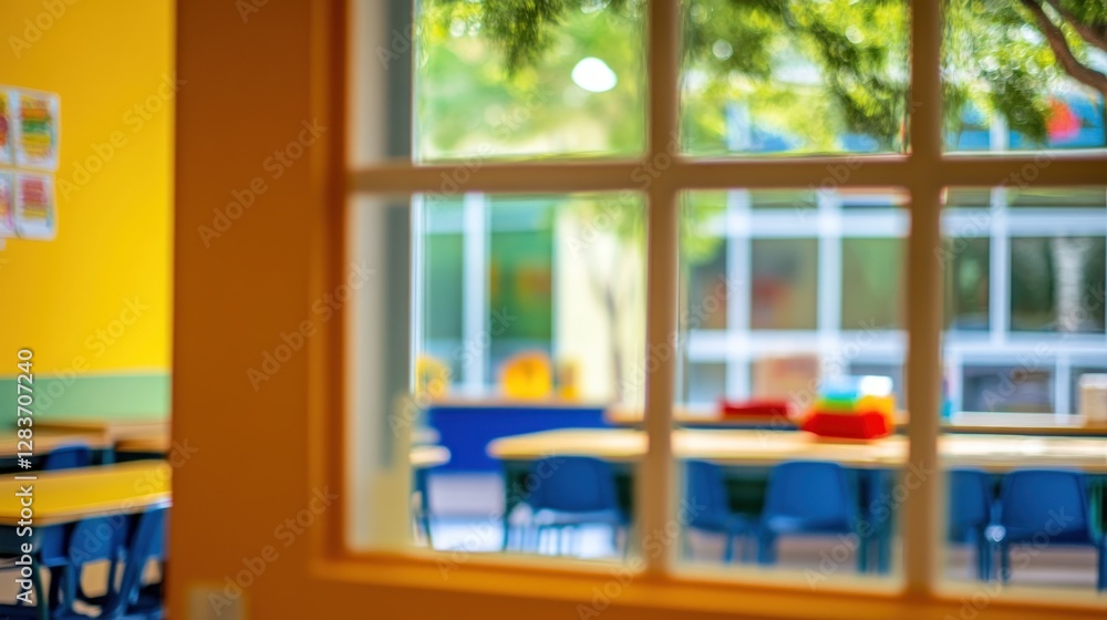 Poster a bright classroom viewed through a window, showcasing tables and chairs for learning.