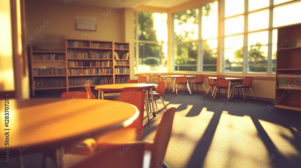 Aufkleber a bright, inviting library space with tables and bookshelves, designed for reading and learning.