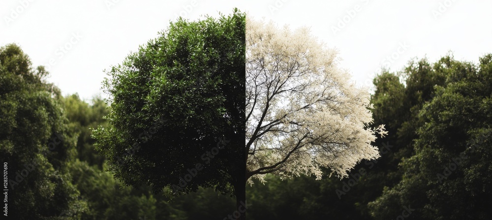 Poster a solitary tree is set against a transparent backdrop with a clipping path, accompanied by an identi