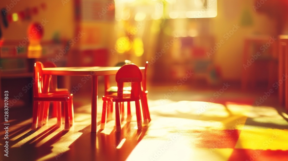 Aufkleber a brightly lit classroom with a small table and chairs, creating a warm, inviting atmosphere.