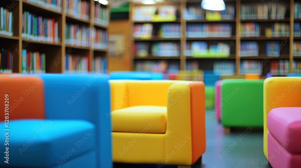 Poster a colorful seating area in a library designed for relaxation and reading.