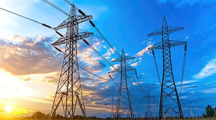 Sunset over power lines and wind turbines