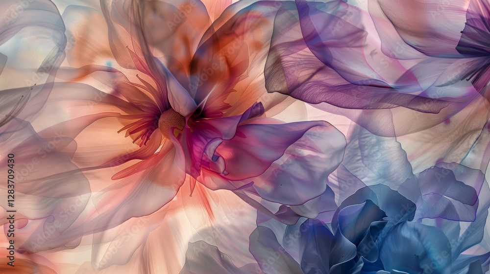 Poster closeup of translucent fabric with abstract floral patterns in soft pastel colors.