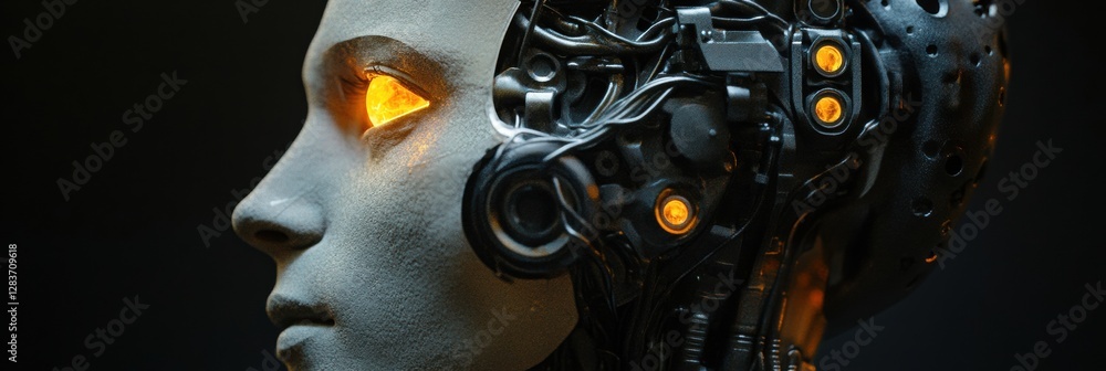 Aufkleber intricate profile of a futuristic cybernetic head showcasing glowing robotic eye and advanced mechan