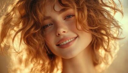 Naklejka premium Happy redhead woman, outdoor portrait, sunset, golden hour light, beauty