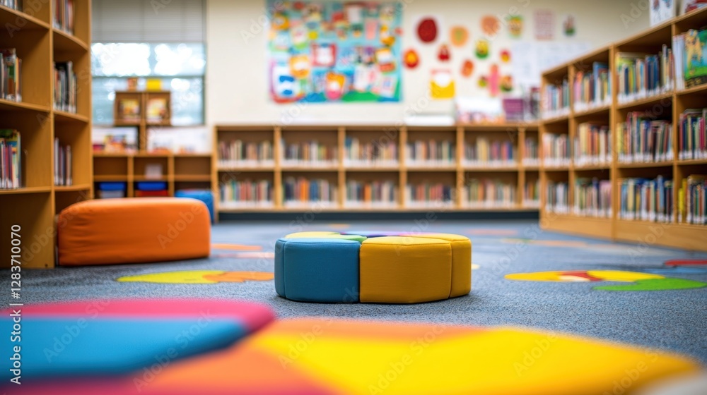 Poster a colorful children's library with seating and bookshelves for reading and learning.