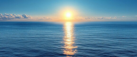 Vibrant Ocean Sunset with Golden Reflection Tranquil Blue Sea and Clear Sky at Horizon Seascape Landscape