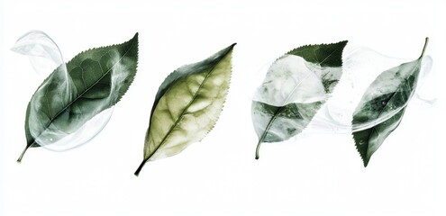 Obraz premium A collection of green tea leaves is shown against a plain white background