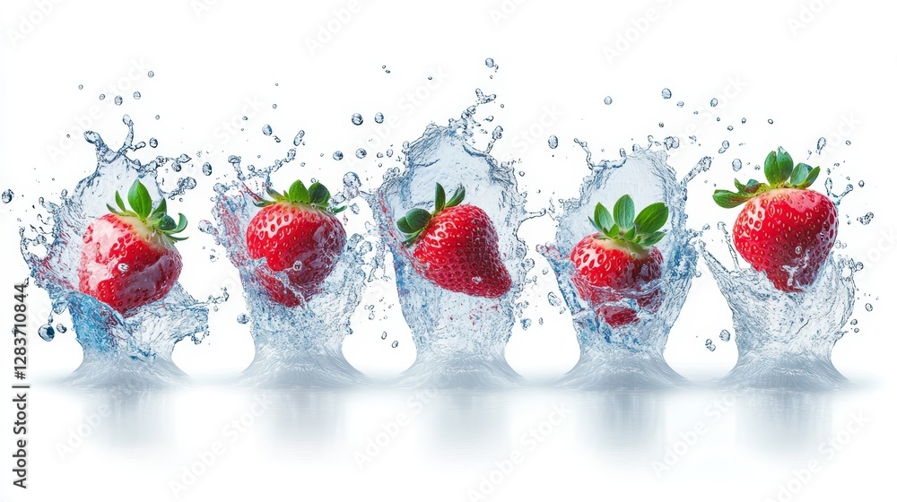Poster fresh strawberries splashing in clear water with dynamic motion