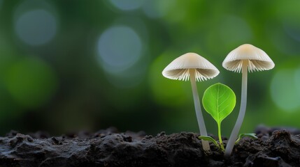 Three mushrooms are growing in the dirt. Minimalistic background.