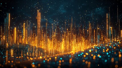 Futuristic city skyline glowing with golden lights. Possible use for technology, science fiction, or abstract art