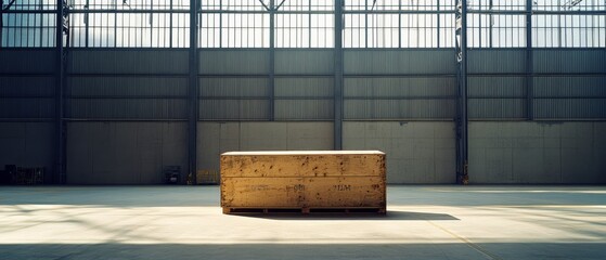 A solitary wooden crate sits center stage in an expansive, sunlit industrial warehouse, evoking mystery and the untold stories of journeys past.