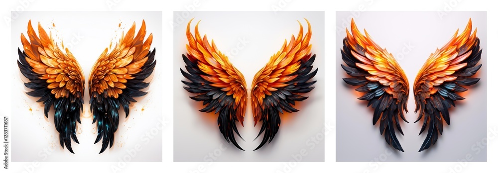 Poster a collection of three isolated pairs of wings. each wing set features vibrant orange and black feath