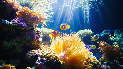 Obraz premium Vibrant underwater scene with clownfish and coral reefs illuminated by sunlight