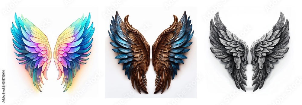 Poster Isolated collection of three pairs of wings, each with a different color palette, presented on a white background. Diverse wing styles for design elements.