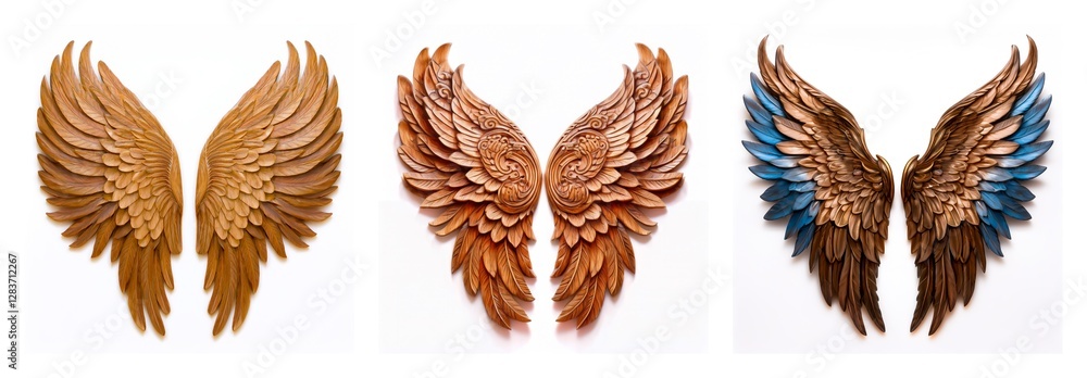 Poster isolated collection of decorative wings with diverse colors and textures, presented on a clean white