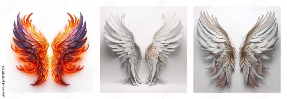 Poster Isolated collection featuring three pairs of wings, showcasing varied styles and colors on a plain background.