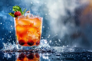 Refreshing Cocktail with Berries and Mint Surrounded by Ice Cubes