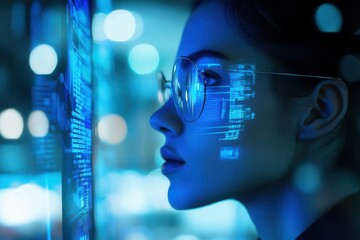 a focused executive analyzes holographic financial projections in a modern glass office, blue light from data visualizations illuminating their determined expression