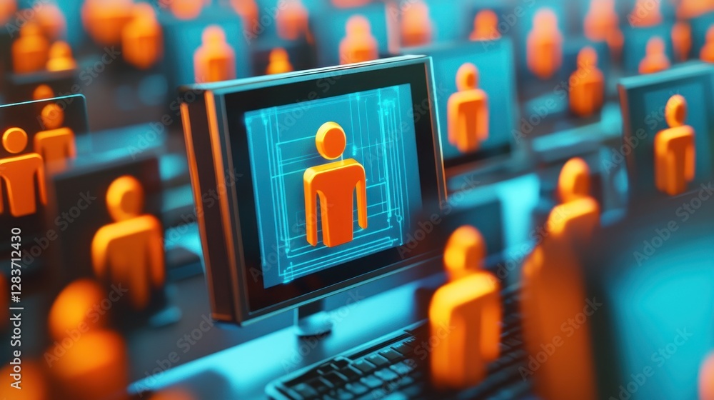 Poster futuristic digital workspace featuring multiple monitors displaying stylized human figures, with a v