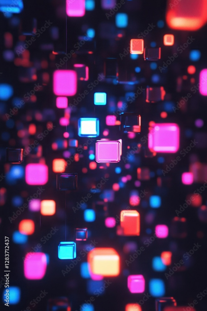 Poster vibrant abstract digital cubes in a mesmerizing pattern, creating a sense of depth and movement in a
