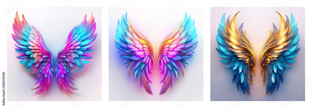 Poster Isolated collection of three pairs of colorful wings. Each pair displays unique vibrant hues, perfect for fantasy or ethereal themes.