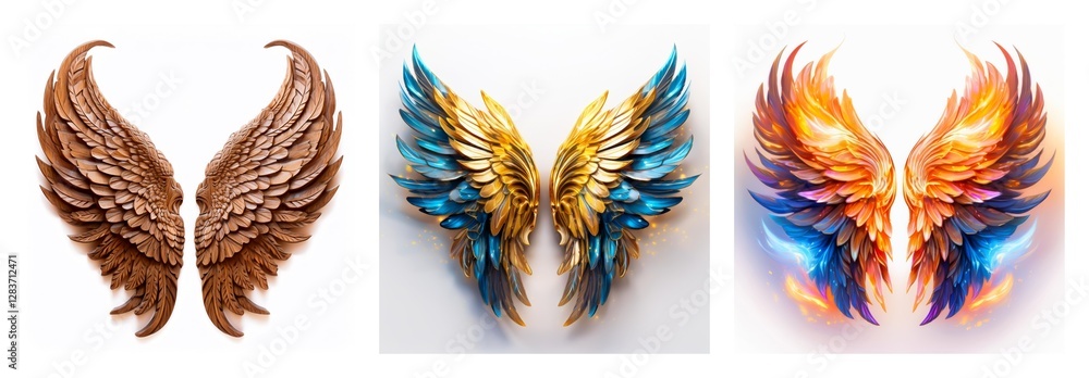 Poster isolated collection of three pairs of detailed wings. a variety of colors and styles are presented i