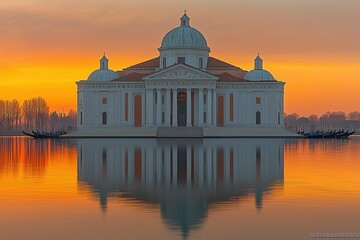 Majestic Venetian Sunset: Gondolas and a Classical Temple Reflecting on Calm Waters