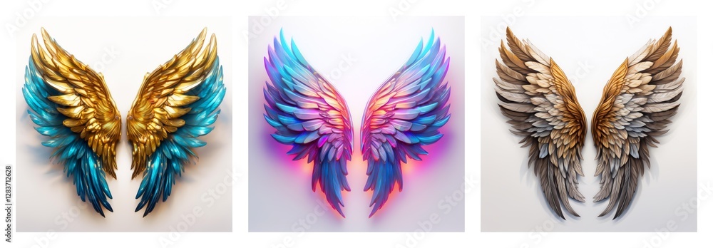 Poster a collection of three pairs of varied, ornate wings, each pair is uniquely colored and styled. isola
