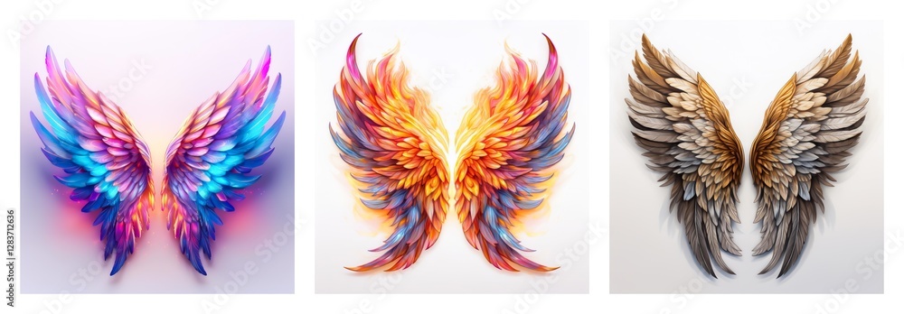 Poster isolated collection of three pairs of decorative wings in different styles and colors. fantasy wings