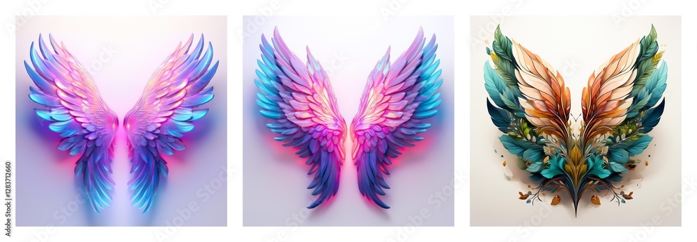 Poster Isolated collection of three pairs of wings with different color schemes and feather styles, all presented on a clean white background.