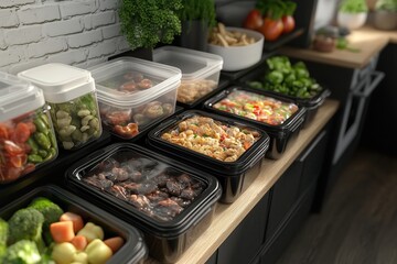 Organized Kitchen: Healthy Food Storage Containers with Fresh Vegetables, Fruits, Nuts, and Seeds