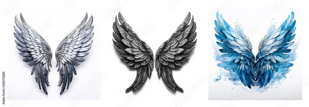 Poster a diverse collection of three pairs of wings, each isolated against a white backdrop. the set featur