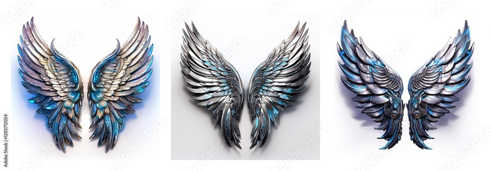 Poster Isolated collection of three pairs of wings. Feathery and metallic appearance with silver and blue color variations against white.