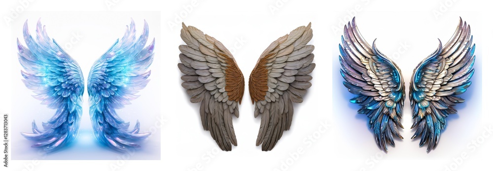 Poster a collection of three pairs of wings, isolated on a white background. each pair displays a unique st