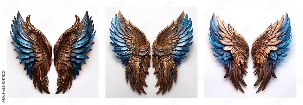 Poster a collection of three pairs of decorative wings, each pair is unique with brown and blue feathers, i